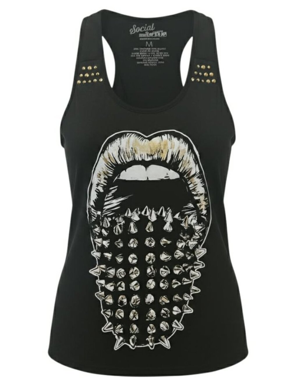 Social Misfits Size M Black Racerback Tank Gold Studded Details Mouth Design